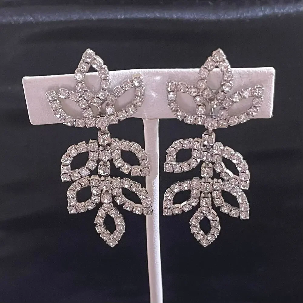Vtg Style Clear Rhinestone Leaf Drop Openwork Clip Earrings Bridal Formal